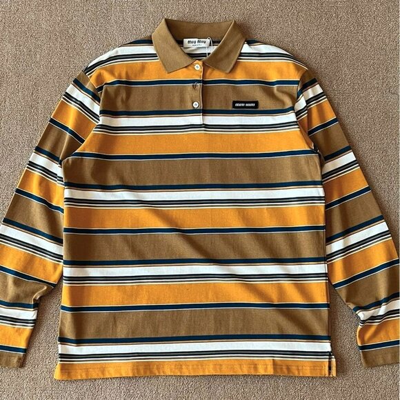 Miu Miu Tops - Brand New Miu Miu Women's Yellow And White Striped Lapel Long Sleeve T-shirt